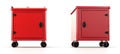 A 3D rendering of a red metal tool chest featuring multiple drawers and caster wheels is depicted from three different angles Royalty Free Stock Photo