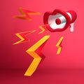 3D Rendering of Red Mouth Shape Cartoon Megaphone with Thunderbolts Icon