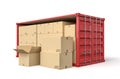 3d rendering of red open side shipping container full of cardboard packages isolated on white background. Royalty Free Stock Photo