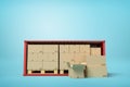 3d rendering of red open side shipping container full of cardboard packages, standing on light blue background, with 3 Royalty Free Stock Photo