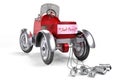 3d rendering of the red retro pedals car with Just Married banner sign and rope tied cans at the bumper, isolated on white