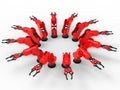 3D rendering - red robotic arms circular array Royalty Free Stock Photo