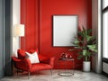 3d rendering of a red room with a red armchair, a table, a plant, and a lamp Frame Mockup Royalty Free Stock Photo