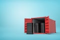 3d rendering of red shipping container filled with black fuel barrels on blue background Royalty Free Stock Photo