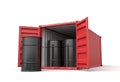 3d rendering of red shipping container filled with black fuel barrels isolated on white background Royalty Free Stock Photo