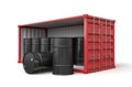 3d rendering of red shipping container filled with black fuel barrels isolated on white background Royalty Free Stock Photo