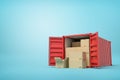 3d rendering of red shipping container filled with cardboard boxes on blue background Royalty Free Stock Photo