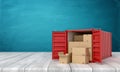 3d rendering of red shipping container filled with cardboard boxes on white wooden floor and dark turquoise background. Royalty Free Stock Photo