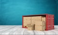 3d rendering of red shipping container filled with cardboard boxes on white wooden floor and dark turquoise background. Royalty Free Stock Photo