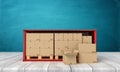 3d rendering of red shipping container filled with cardboard boxes on white wooden floor and dark turquoise background. Royalty Free Stock Photo