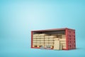 3d rendering of red shipping container filled with packs, bricks and wooden pallets on blue background Royalty Free Stock Photo