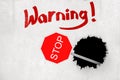 3d rendering of red `STOP` traffic sign breaking white wall with `Warning` sign on white background