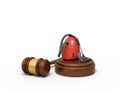 3d rendering of red vacuum cleaner on round wooden block and brown wooden gavel Royalty Free Stock Photo