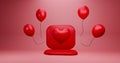 3d rendering create a red Valentine Heart podium and four red balloons 