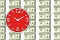 3d rendering. A red victory clock on US 100 dollar stacks background. business time is money or comparison concept.