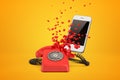 3d rendering of red wireline phone breaking in pieces and white modern smartphone behind it on amber background. Royalty Free Stock Photo