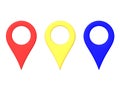 3D Rendering of red yellow and blue map location pins Royalty Free Stock Photo