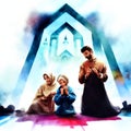 3d rendering of a religious family in front of a blue mosque Generative AI