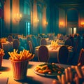 3d rendering of a restaurant interior with french fries and hot dog