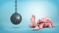 3d rendering of a resting wrecking ball on a chain hangs near a cracked piggy bank on blue background.