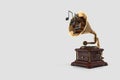 3D rendering retro golden gramophone with music notes on white isolated background