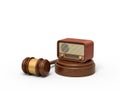 3d rendering of retro radio set on sounding block with brown gavel lying beside. Royalty Free Stock Photo