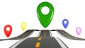 3D rendering road map with location pin icon, GPS travel route, navigation mark, transportation place point, Destination point