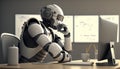 3d rendering of robot android technology background in office city view. Futuristic cyborg learning laptop computer Royalty Free Stock Photo