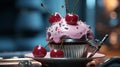3D Rendering, robot arm laying cherry on cupcake , Generate AI
