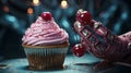 3D Rendering, robot arm laying cherry on cupcake , Generate AI