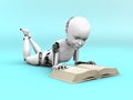 3D rendering of a robot child reading a book.