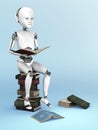 3D rendering of a robot child sitting on a pile of books.