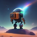 3D rendering of a robot in desert with spaceship in background Royalty Free Stock Photo