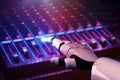 3D rendering robot disc jockey hand at dj mixer