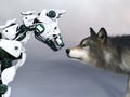 3D rendering of a robot dog meeting a wolf