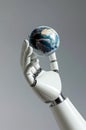 3D rendering. Robot hand holding a globe. The concept of robotization of the world, advanced technologies. Banner