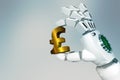 3d rendering robot hand holding a pound sterling sign on a light background