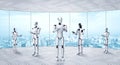 3D rendering robot humanoid working in future office interior