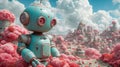 3D rendering of a robot with pink clouds in the background. Generative AI Royalty Free Stock Photo