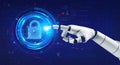 3d rendering robot\'s hand pointing on virtual reality hologram of protection digital padlock for data network.