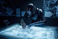 3d rendering robot working with blueprints on table in dark room, Futuristic Ai robot engineer working with blueprint, AI Royalty Free Stock Photo