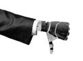 3d rendering of a robotic hand in business suit showing thumb down isolated on white background Royalty Free Stock Photo