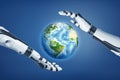 3d rendering of robotic hands around earth on blue background