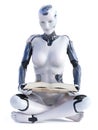 3D rendering of robotic woman sitting down reading