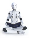 3D rendering of robotic woman sitting down reading