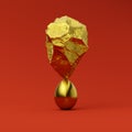 3d rendering a rock above an egg in balance on a red background, a sculpture of gold Royalty Free Stock Photo