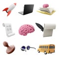 3d rendering rocket, laptop, open book with brain, mathematical signs on a sheet, brain, pen with paper, stamp, glasses