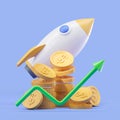 3d rendering. Rocket launch and rising line with stack of coins, investment in startup