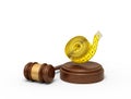 3d rendering of roll of yellow measuring tape levitating in air above sounding block with gavel beside.