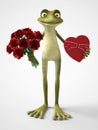 3D rendering of romantic cartoon frog holding a bouquet of roses